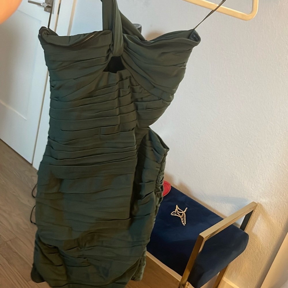 NWT Zara One Shoulder Asymmetric Dark Green Mini Dress XS - Picture 6 of 7